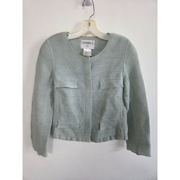 Chanel Light Green Virgin Wool/Silk Made in France Tweed Blazer Jacket size EU40 - Picture 7 of 9